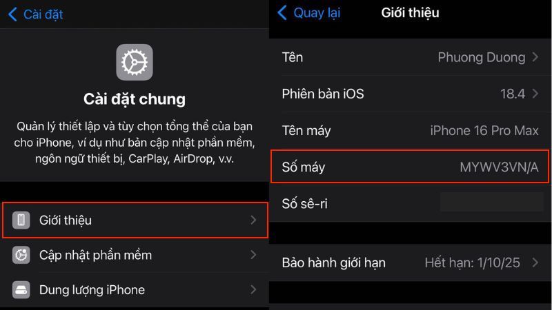 Cài đặt chung > Giới thiệu > Số máy Cài đặt chung > Giới thiệu > Số máy
